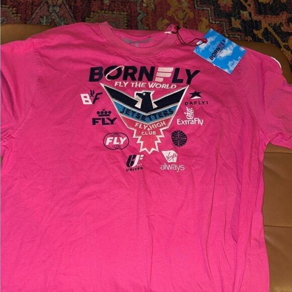 BORN FLY Pink Jetsetters Tee w/ Embroidered Patches Size Unisex 2XL New with Tag - Picture 3 of 9